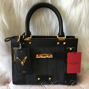 NEW VALENTINO Black Leather and Denim Crossbody