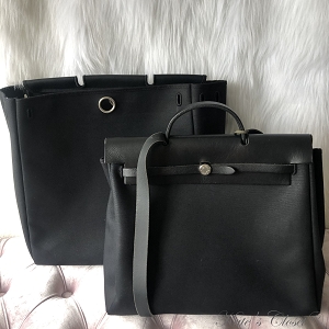 Hermes Herbag 2 In 1 Black Leather and Canvas Shoulder Bag