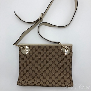 GUCCI  GG Canvas Beige and Brown Leather Cross Body Bag